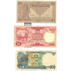 uang kertas ri nom.rp10,-1952, rp100,-1977 & rp500,-1988