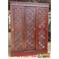 murah almari pakaian minimalis 3pintu sliding motif kawung jati