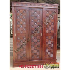 murah almari pakaian minimalis 3pintu sliding motif kawung jati