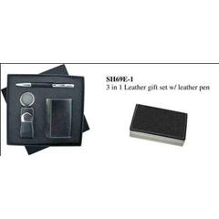 gift set murah isi 3 pulpen metal, gantungan kunci kulit, tempat kartu nama kulit
