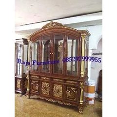 almari ( bufet) pajangan jati ukir citra pintu 4 warna finishing natural emas loster