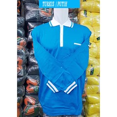 kaos kerah cardet biru turkis kombinasi putih