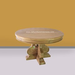 meja makan bundar motif ukiran daun warna natural kerajinan kayu
