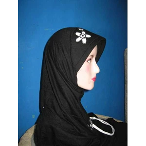 jilbab instan warna hitam hiasan bunga warna putih