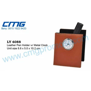 tempat bolpen kulit dengan jam metal, leather pen holder w/ metal clock lw24ly6088