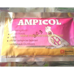 ampicol : mengobati colibacillosis, kolera, infeksi sekunder bakteri pada kasus gumboro