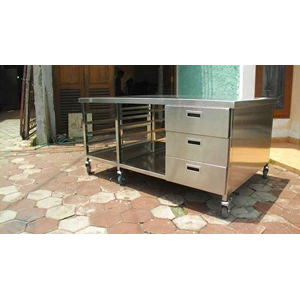 meja dapur resto bahan full stainless steel, lengkap rak loyang & laci-3