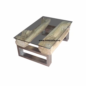 coffee table glass rectangle - wood, glass and stainless, meja tamu