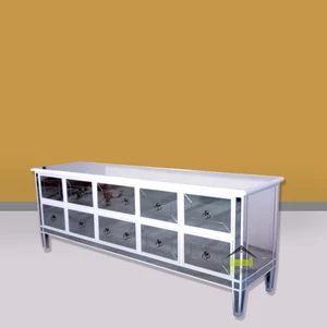 cabinet tv kombinasi kaca warna white duco kerajinan kayu