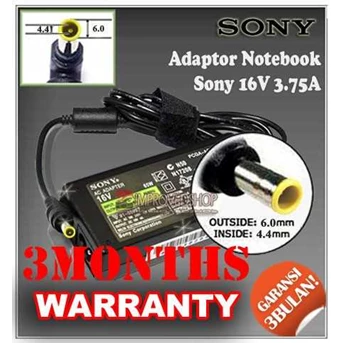 ADAPTOR/ ADAPTER/ CHARGER SONY 16V 3.75A ORIGINAL/ ASLI/ GENUINE/ COMPATIBLE/ KW1 FOR/ UNTUK LAPTOP/ NOTEBOOK/ NETBOOK/ NETBUK SONY VAIO PCG-505 SERIES/ SONY VAIO PCG-C1 SERIES/ SONY VAIO PCG-GR SERIES ( 6.0 * 4.4 MM)