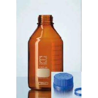 DURAN* LABORATORY BOTTLE with DIN thread, graduated, PP blue scew cap, PP pouring ring, ISO 4796, AMBER 1000ml