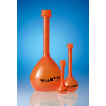 VITLAB® opaque volumetric flasks PMP, Class A with coloured screw caps