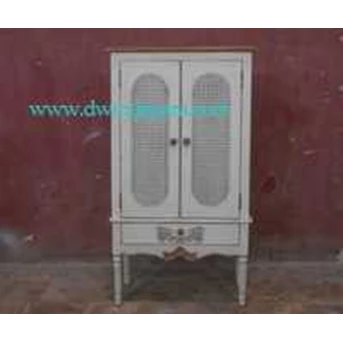 French Shabby Chic Wooden Cabinet With 2 Rattan Doors