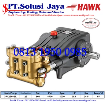 Hawk Pump GPX2560SL Flow rate 25Lpm 600Bar 8700Psi 1000Rpm 38.8HP 28.5Kw