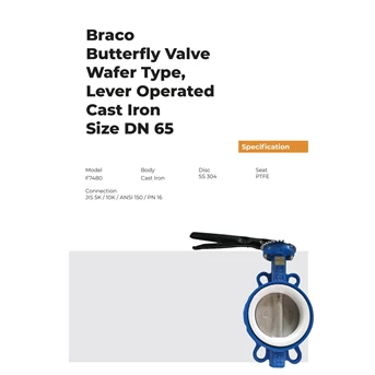 BUTTERFLY VALVE WAFER TYPE LEVER OPT PTFE DN65 BRACO