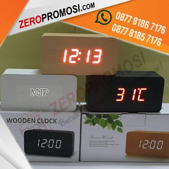 Souvenir Jam Dinding Kayu Digital Custom - Jam Alarm LED Wood