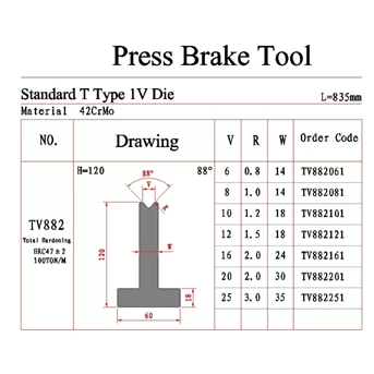 press brake tooling standard t type 1v die tv882