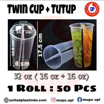 Twin cup + tutup / gelas plastik / cup popice / 32 oz