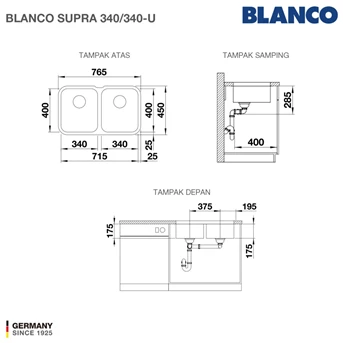 blanco supra 340/340-u kitchen sink stainless steel paket promo 1-2