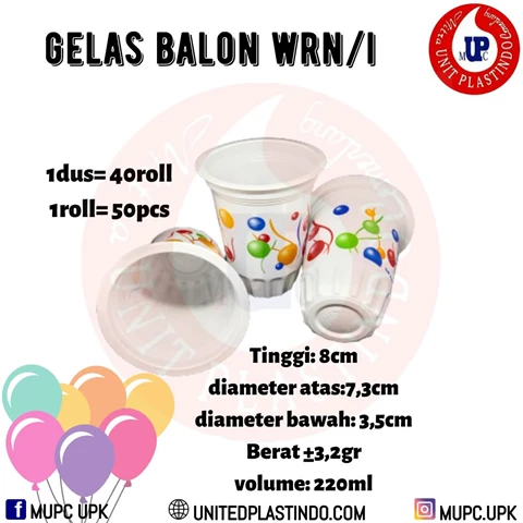 GELAS BALON WARNA WARNI / CUP BALON 220ML