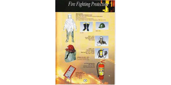 fire fighting protection : nine-eleven heat isolated firemans suit, scba-6,8 ltr composite cylinder, scba-5ltr steel cylinder, fireman helmet - 8911, 9.11 fire extinguisher, fire blanket