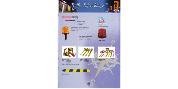 traffic safety range : traffic baton, led warning light for traffic cone, ps - tw02, led magnet warning light, jn 331 - 1, baricade tape, warning tape, flagging tape, & speed bump )