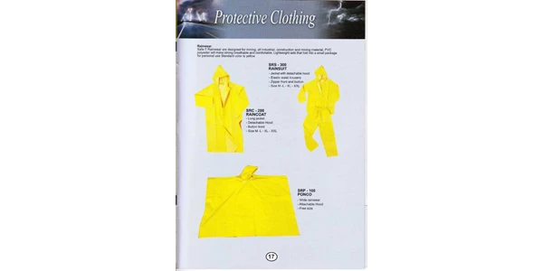 protective clothing : rainwear, rainsuit srs - 300, raincoat src - 200, ponco srp - 100