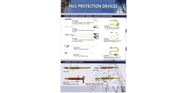 fall protection devices : energy absorber lanyard ; webbing ; lanyard polyester rope ( adl-ef322, adl-ef31, adl-ef32, adl-lf38, adl-lf28, adl-wf32, adl-wfl21, adl-wfl31 ; lineman safety belt ( adl-lh27, adl-lh37, psb-9312, lh-227 )