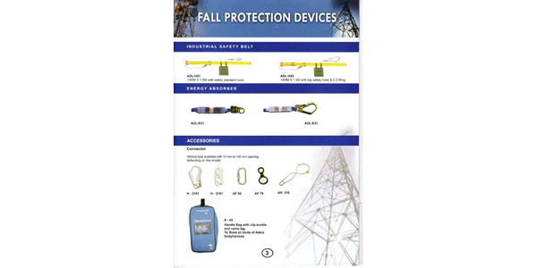 fall protection devices : industrial safety belt ( adl-h21, adl-h32, adl-e21, adl-e31 ) ; accessories ( conector : h - 3101, h - 2101, af 09, af 79, ah 316, a - 45 )
