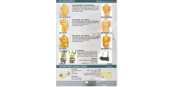 full body harness : adl-hd4528, adl-hd4538, adl-hs4528, adl-hs4538, adl-hb4528, adl-hb4538, psb368ce, psb308c ; ratchet cargo lashing & towing ( adl-at5020, adl-at5040, s - 25 )