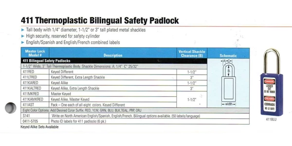 411 thermoplastic bilingual safety padlock