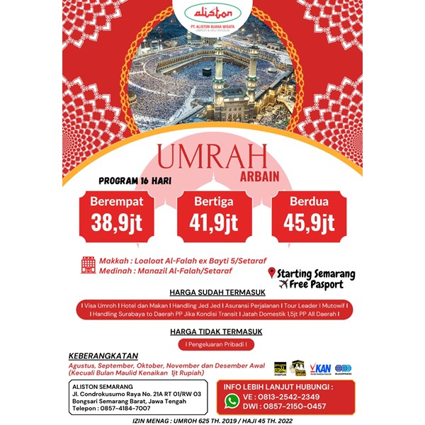 JASA UMROH TERBAIK PROGRAM 16 HARI oleh PT. Aliston Buana Wisata Semarang