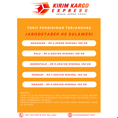 Tarif Pengiriman  Kargo & Logistik Jakarta ke Sulawesi