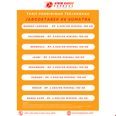 Tarif Pengiriman  Kargo & Logistik Jakarta ke Sumatera